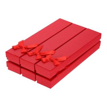 Imagem de PATIKIL Caixa de presente de joias de 21 x 3 x 2 cm, pacote com 6 caixas retangulares de papelão, com inserções de espuma, laço para casamento, aniversário, aniversário, festival, vermelho