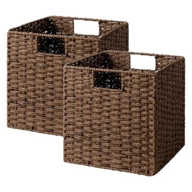Imagem de StorageWorks Cubos de armazenamento de vime de 28 cm, cesto de armazenamento de cubo tecido à mão, cesta de cubos quadrados, cesta de corda de papel dobrável para organização, marrom, pacote com 2