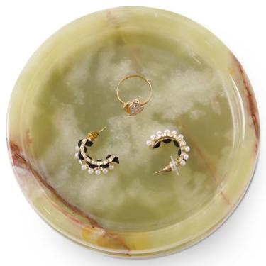 Imagem de SPESHSTONES Bandeja de joias de mármore, suporte de pedra verde feito à mão para anel, colar, brinco e organizador de perfume - Prato decorativo para bancada vintage e decoração estética de quarto