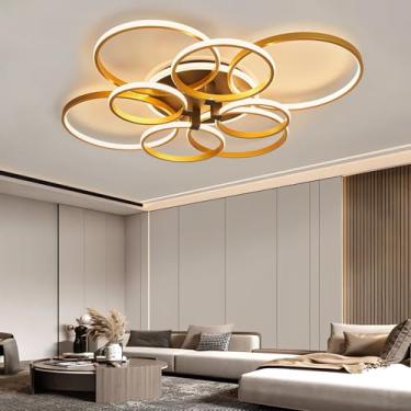 Imagem de Luminária de teto LED dimerizável 110W dourada para sala de estar com controle remoto, redonda, para quarto, cozinha, semi-embutida, para economia de energia, para escritório (9 lâmpadas)