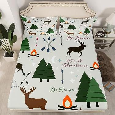 Imagem de Jogo de cama solteiro com desenho de veado aventura, pinheiro, animais da selva, flecha e estrelas, lua, para decoração de quarto de crianças, meninas, meninos, adultos, lençol com elástico alto