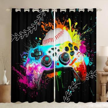 Imagem de Cortinas blackout para consoles de jogos, cortinas de beisebol para sala de estar, 2 painéis, 96 cm L x 114 cm C, cortinas e cortinas de janela tie-dye, arco-íris, decoração de jogos, decoração de