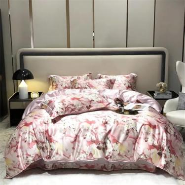 Imagem de Conjunto de cama em seda pura de amoreira com lençol de baixo, capa de edredom e fronha, estampa de verão, refrescante e com toque de gelo, 6, 1,8 m, conjunto de 4 peças A