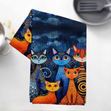Imagem de Toalhas de cozinha coloridas com design de gato, pano de prato decorativo de microfibra absorvente de gatos caprichosos, toalhas de mão de waffle para cozinha, casa, banheiro, presentes para amantes