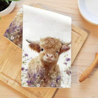 Imagem de Toalhas de cozinha de vaca fofas, flores artísticas decorativas absorventes pano de prato de microfibra toalha de chá, toalhas de mão macias waffle para casa de fazenda, casa de banho, presentes de