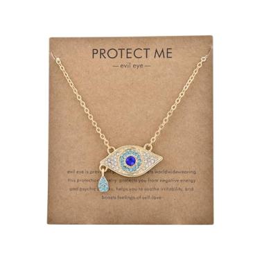 Imagem de Warmhope Colar com pingente de proteção contra mau-olhado banhado a ouro 18 k elegante com detalhes de zircônia cúbica turquesa delicada joia minimalista presente para ela corrente ajustável presente