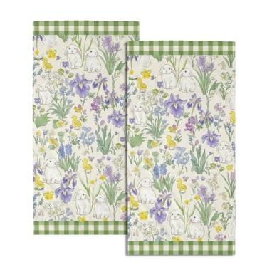 Imagem de Conjunto de 2 toalhas de mão xadrez verde sálvia da páscoa com 2 toalhas de chá macias e absorventes de coelhinho da páscoa, pano de lavagem, pano de lavagem de primavera, toalhas de prato de mão para