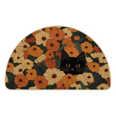 Imagem de Artoid Mode Tapete de porta discreto com flores de gato preto para decoração de casa de verão para ambientes internos e externos 43 x 73 cm