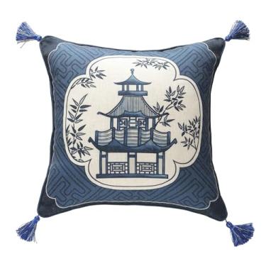 Imagem de bilin gaier Chinoiserie Capas de almofada, chinoiserie clássica azul e branco com fronhas de linho padrão de pavilhão, capas de almofada retangulares decorativas para sofá-cama carro, 30 x 50 cm
