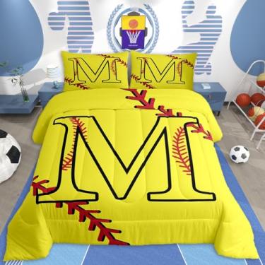 Imagem de jejeloiu Conjunto de edredom de softball, presente inspirador de tamanho casal, para amantes de softball, conjunto de cama para crianças, meninos e meninas, com letra M, edredom com bola esportiva