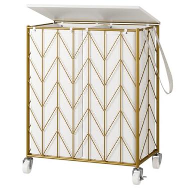 Imagem de WOWLIVE Cesto de lavanderia com rodas, cesto de roupa resistente com tampa de madeira, cesto de roupas com saco de forro removível dividido, organizador de lavanderia feito a ferro de grande