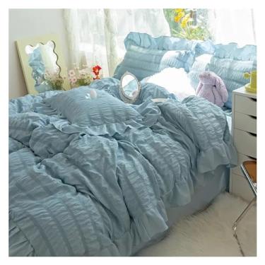 Imagem de Jogo de cama com babados, tecido ultramacio seersucker branco, 4 peças, capa de edredom, lençol de cima, 2 fronhas (azul, tamanho casal, 4 peças)