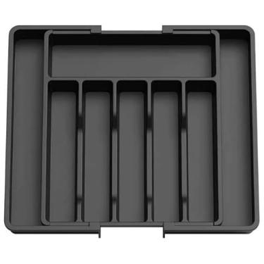 Imagem de Organizador de Talheres Expansível para Gaveta, Plástico Resistente, 33-57cm x 38cm x 5cm, com Divisórias Modulares, Retangular (Preto)