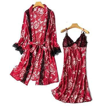 Imagem de 3FLQOOPP Conjunto de roupão feminino de cetim, 2 peças, roupa de dormir de renda, quimono, roupão de banho, lingerie com almofadas no peito (1 médio)