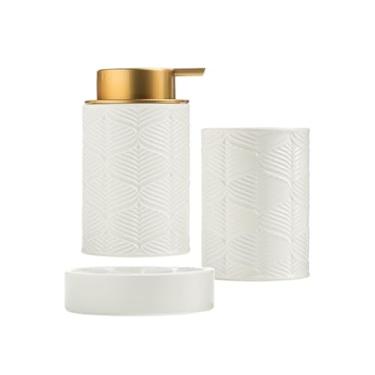 Imagem de Lindo conjunto de três peças de cerâmica criativa incluindo dispensador de sabonete, copo de enxaguante bucal e saboneteira decoração de banheiro (branco)