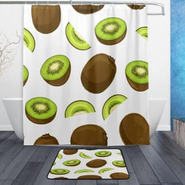 Imagem de Kigai Conjuntos de tapetes de cortina de banho de kiwi verde 2 peças, conjunto de tema de banheiro (152 x 182 cm) com cortina de chuveiro e tapete antiderrapante - 12 ganchos