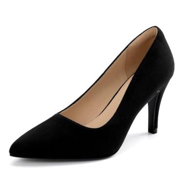 Imagem de BUEUPU Sapato feminino com salto de 8,5 cm de altura, bico fino, fechado, tira no tornozelo, sapato social feminino, Camurça preta, 36