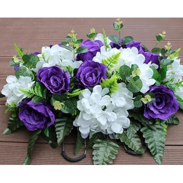 Imagem de CCGGAD Sela de flor de lápide roxa, flores artificiais de cemitério para decoração de túmulos, usada para decoração de memorial de cemitério ao ar livre, muito bonita.