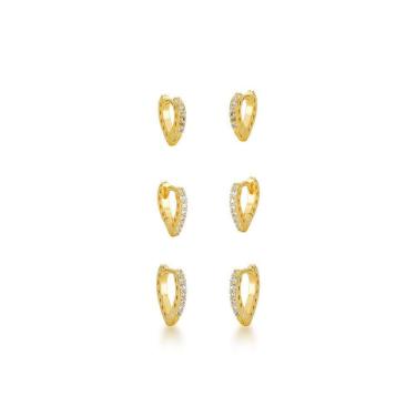 Imagem de Trio De Brincos Coração Uma Fileira De Zirconia Banhados A Ouro 18k