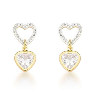 Imagem de Brinco Coração Vazado E Zirconia Coração Banhado A Ouro 18k