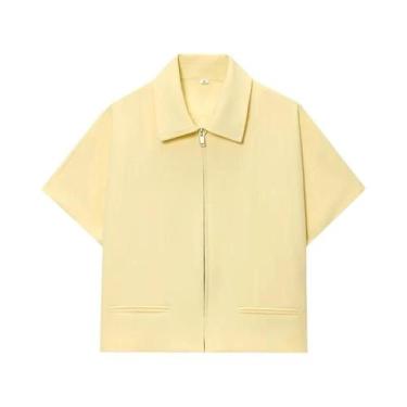 Imagem de Jaqueta Varsity Cropped Feminina Com Zíper E Manga Curta, Casaco Casua