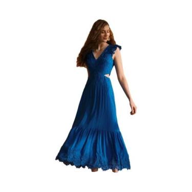Imagem de Vestido Maxi De Chiffon Azul Índigo Com Costas Abertas E Babados, Feit