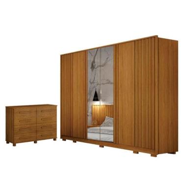 Imagem de Guarda Roupa Casal Evo 6 Portas Com Espelho Cinamomo Com Cômoda San Marino 8 Gavetas Ci...