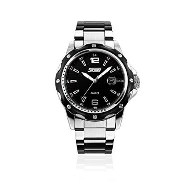 Imagem de cofuo Relógio masculino analógico de quartzo com pulseira de aço inoxidável, exclusivo, luxuoso, trabalho, casual, impermeável, calendário clássico, janela de data, Preto, Relógio de quartzo