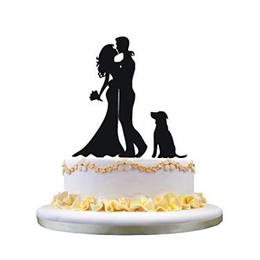 Imagem de Topo de bolo de casamento familiar, noiva e noivo com animal de estimação