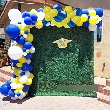 Imagem de Kit de arco de guirlanda de balão azul amarelo incluído 100 peças de balões de látex para chá de bebê aniversário beisebol decorações de festa de formatura