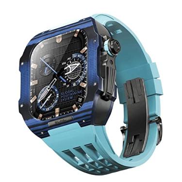 Imagem de AEMALL Pulseira de relógio de borracha com capa de fibra de carbono compatível com Apple Watch Series 8 7 44 45mm, capa de fibra de carbono bumper protetor resistente, kit de atualização e substituição de pulseiras de luxo (cor: 09, tamanho