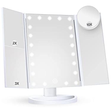 Imagem de Espelho de maquiagem com luzes, ampliação de 2 x 3 x 10x, espelho de maquiagem iluminado, controle de toque, espelho de maquiagem com três dobras, fonte de alimentação dupla, espelho de maquiagem LED portátil, presente feminino (branco + 10X)