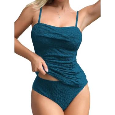 Imagem de MakeMeChic Tanquíni feminino de duas peças texturizado, roupa de banho franzida, cintura alta, Azul marinho, GG