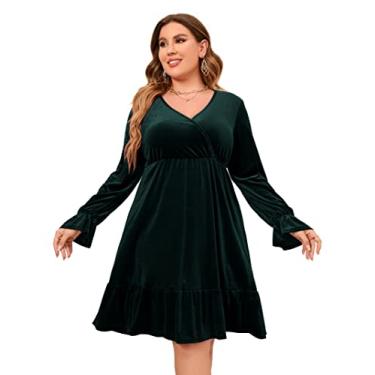 Imagem de KOJOOIN Vestido feminino de veludo plus size com decote em V, vestido rodado, manga comprida, vestido de festa, Botão verde-escuro, 5G