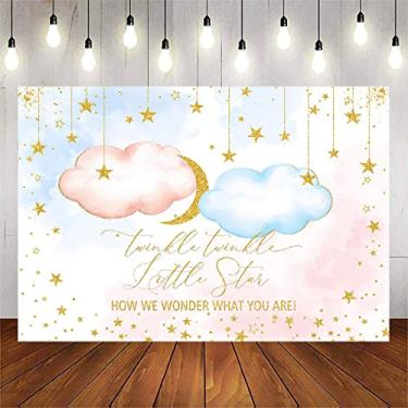Imagem de Avezano Twinkle Twinkle Little Star Decorações de fundo de revelação de gênero com nuvens rosa ou azuis para chá de bebê, lua dourada e estrelas, menino ou menina, ele ou ela Welcome, faixa para bebê (2,1 x 1,5 m)