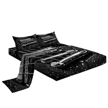 Imagem de Eojctoy Jogo de lençol 3D - Jogo de cama solteiro com 4 peças com estampa reativa de guitarra - macio, respirável, resistente ao desbotamento - Inclui 1 lençol de cima, 1 lençol com elástico, 2
