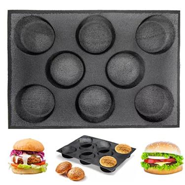 Imagem de masteymoh Molde de silicone para pão de hambúrguer, forma de pão de hambúrguer para assar, molde de pão de hambúrguer de silicone com 8 cavidades para pães de hambúrguer sem glúten com orifícios para