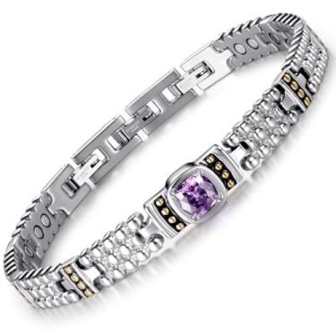Imagem de RainSo Pulseiras magnéticas femininas de aço inoxidável roxo com cristal incrustado, ferramenta de dimensionamento ajustável com caixa de exibição (prata), Medium, Aço inoxidável, Cristal