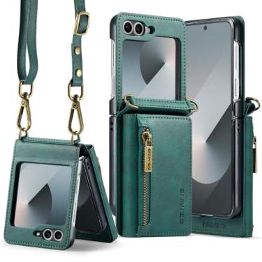 Imagem de 3 in 1 Detachable Compatible with Samsung Galaxy Z Flip 5 Phone Case,DG.MING M5 Luxury Zipper Wallet Leather with Card Holder Faux Leather Long Shoulder Strap Men Women 6.7'' RFID Blocking (Green)