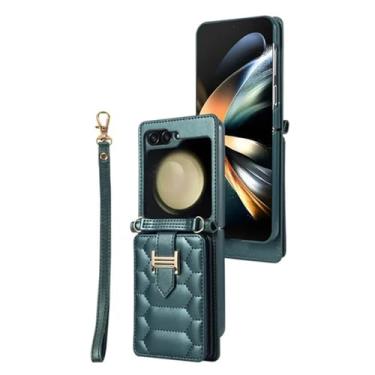Imagem de Capa de telefone com bolsa de couro com cordão crossbody para Samsung Galaxy Z Flip 5 4 3 Flip5 Flip4 Flip3 Capa de cartão carteira com corda de pulso, verde, para Samsung Z Flip 5