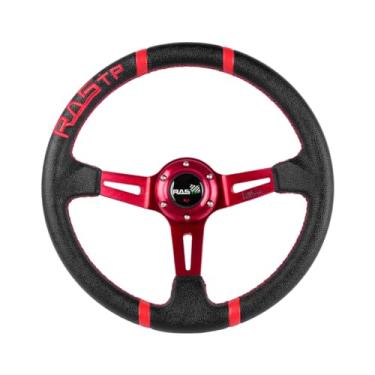 Imagem de RASTP Volante de corrida universal, prato profundo volante couro bordado 13,58"/345 mm 6 parafusos com botão de buzina incluem cabo, chave inglesa, vermelho