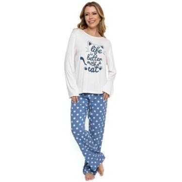 Imagem de Pijama Feminino Longo Poás Pellin 006 Conforto e Estilo, Branco, Azul,
