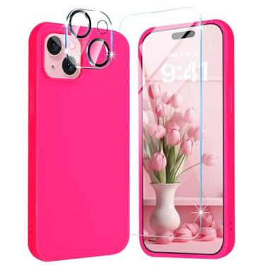 Imagem de Fingic Capa para iPhone 15 [1 protetor de tela integrado + 1 protetor de lente de câmera][silicone líquido] Forro de microfibra fino de gel macio antiderrapante à prova de choque para iPhone 15, 6,1 polegadas, 2023, rosa choque