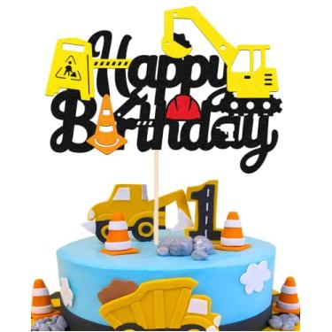 Imagem de WishFirst Glitter Building Truck Happy Birthday Cake Topper, Construction Decor, Excavator Forklift Dump Bulldozer Road Roller Engineering Themed Party Decorations for Shower or Kids Decor Supplies