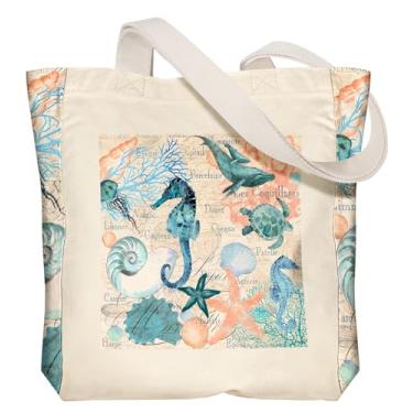 Imagem de Miss Adola Sacola de lona pesada estética - com bolso para mulheres tamanho grande 35,5 cm × 40,6 cm × 8,5 cm Sacos de algodão para compras, Vida marinha, One Size