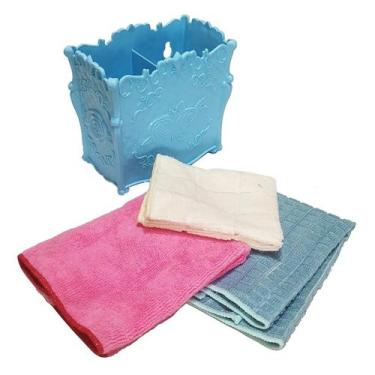 Imagem de Kit Limpeza Porta Detergente + 3 Pano Microfibra Pia Cozinha - Azul - 