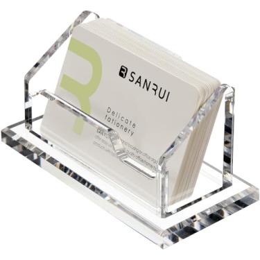 Imagem de SANRUI Suporte de cartão de visita de acrílico para mesa, suporte de exibição transparente único, comporta 60 cartões, suporte de cartão de nome transparente horizontal, organizador de mesa de
