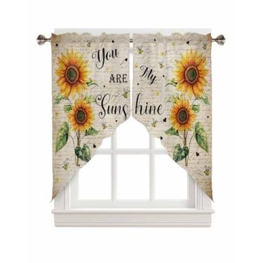 Imagem de Cortinas de cozinha de girassol primavera verão flores amarelas conjunto de saia de janela com letras de inseto, cortinas com bolso de haste para quarto e sala de estar, girassol floral bege claro