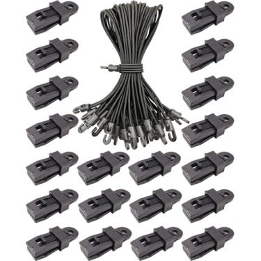 Imagem de BINCKIN 40 peças de clipes de lona elásticos com ganchos, clipe de lona ajustável e elásticos de gancho de 25 cm, clipes pretos reutilizáveis para toldo e cordão elástico com gancho
