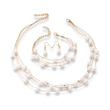 Imagem de Xeyau Colares de pérolas douradas para mulheres, conjunto de pulseiras, colar de pérolas delicadas, margaridas, pérolas, pulseiras, colar, pulseira, gargantilha de flor, colar de pérolas de Natal,